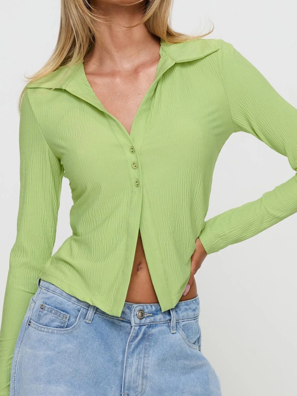 Princess Polly Lime Green Button-Front Long Sleeve Collared Top size 12